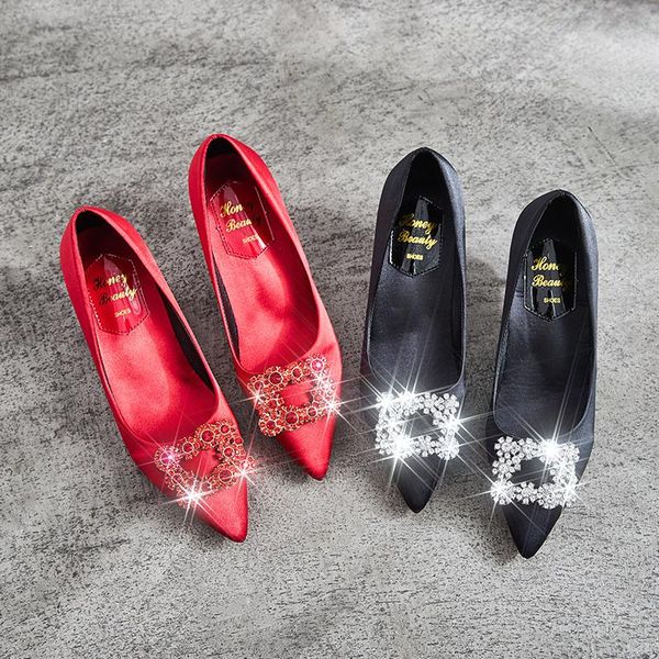 

women's shallow mouth with rhinestone wedding shoes temperament elegant pointed comfortable heels. dress, Black