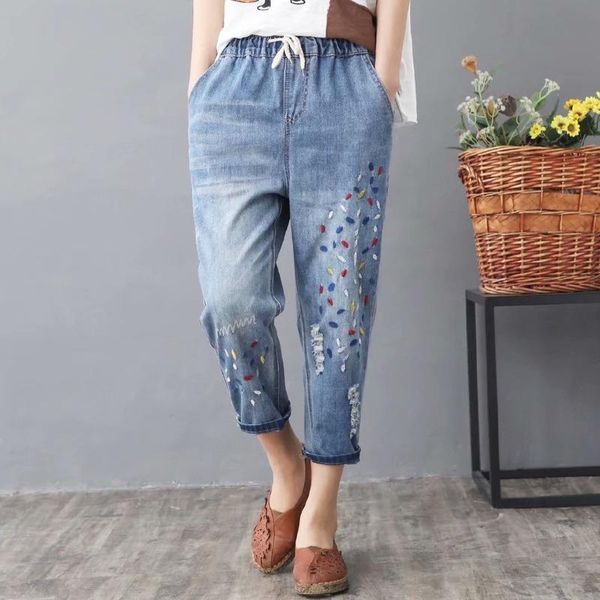 

women's jeans 3/4 floral embroidery elastic waist casual summer slim denim pants, Blue