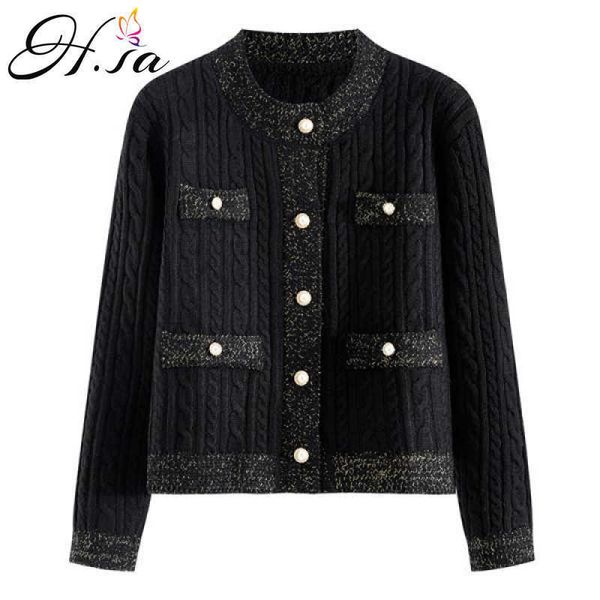

h.sa sueter mujer elegant female sweater and cardigans button up pearl beading black white formal knit jacket jersey mujer 210716, White;black