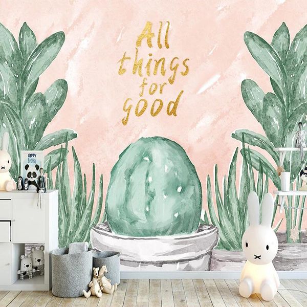 

wallpapers eco-friendly cartoon wallpaper for children room nordic ins hand-painted watercolor cactus green plants custom interior 3d mural