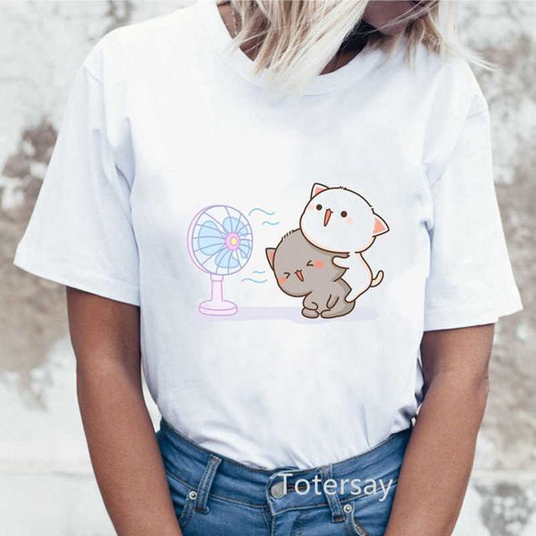 Mulheres elegantes harajuku engraçado pêssego gato t-shirt senhoras streetwear kawaii padrão o-pescoço camiseta tops mulheres casuais tshirt x0527