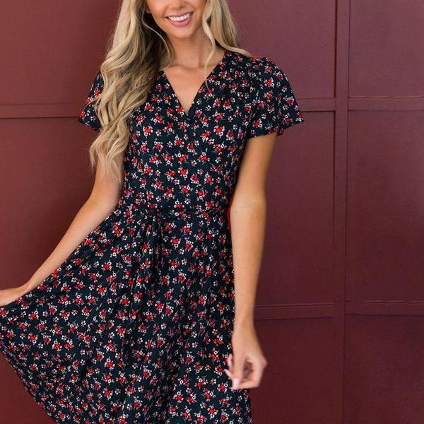 

summer short sleeve v neck flower print swing wrap dress 2021 navy blue women knee-length party dresses, White;black