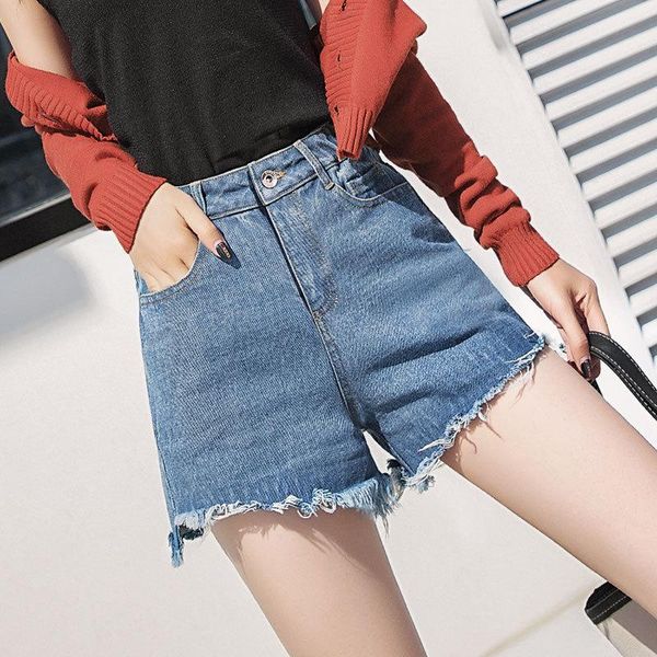 

women's jeans denim shorts summer 2021 korean version loose student straight tube all-around chic high waist wide leg pants, Blue