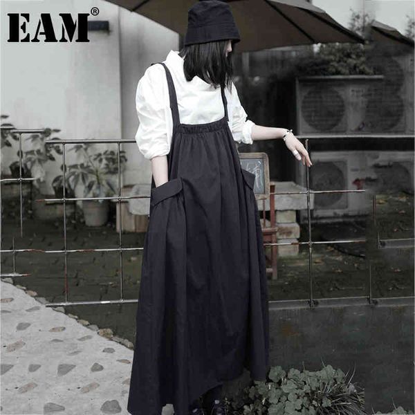 

[eam] high elastic waist black pleated pocket ruffle casual half-body skirt women fashion spring autumn 1dd7343 210512