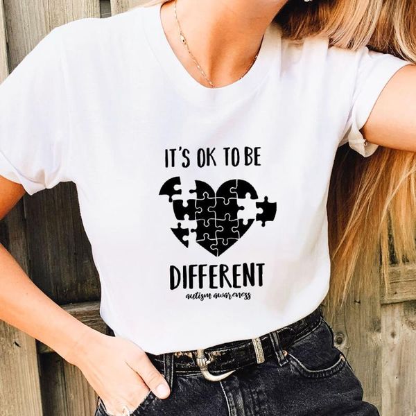 

women's t-shirt ok to be different 100%cotton printed tshirt autism awareness shirt special ed summer casual short sleeve tee, White
