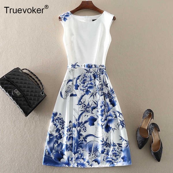 

truevoker european high street designer dress ladies's blue printed belted 2xl female festa vestido party 210602, Black;gray