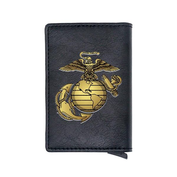 

card holders classic black marines digital printing holder leather wallet charm men women aluminium slim mini short purse, Brown;gray