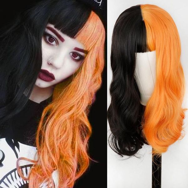 

synthetic wigs long body wave wig half black yellow for girl pink hair with bangs heat resistant cosplay/lolita