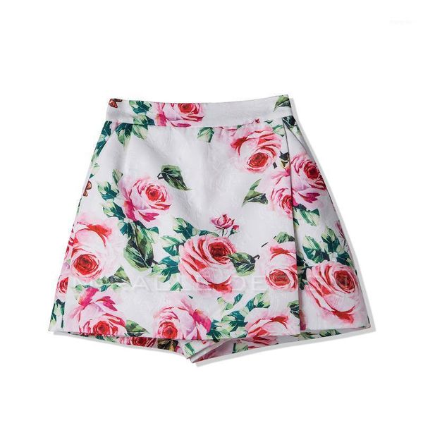 

women's shorts 2021 spring blossoming rose printed dark jacquard oblique assembling piece tall waist wide leg skirt, White;black