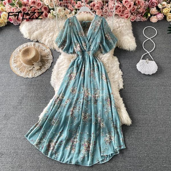 

women retro floral dress summer short sleeve backless bandage v neck chiffon dresses woman boho style long robe vestidos party, White;black