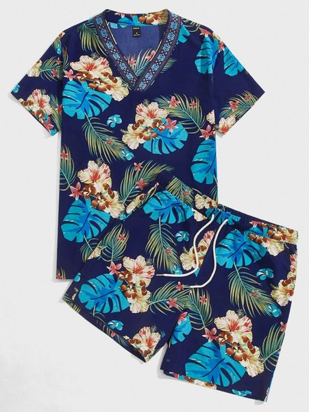 

men contrast neck tropical print & shorts h5s3#, Gray