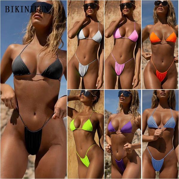 Seksi Üç Noktası Bikini Kadınlar Katı Renk Mayo Üçgen Bralette Mayo S-L Kız Backless Halter Tanga Set Kadınlar