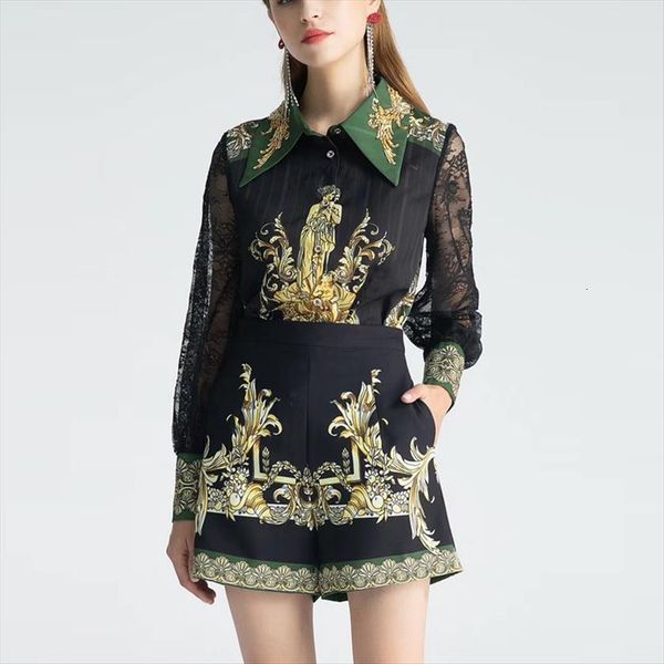 

runway print two piece suits womenpant and flower angel lace sleeve shirts ladies shorts 2pcs outfits, White