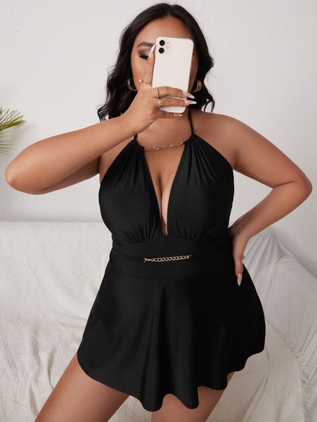 

plus chain linked flounce hem one piece swimsuit e0tg#, Black