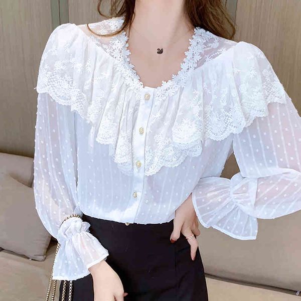 

harajuku shirt long sleeve ruffle button up v-neck spring chiffon loose lace stitching blouses 661f 210420, White