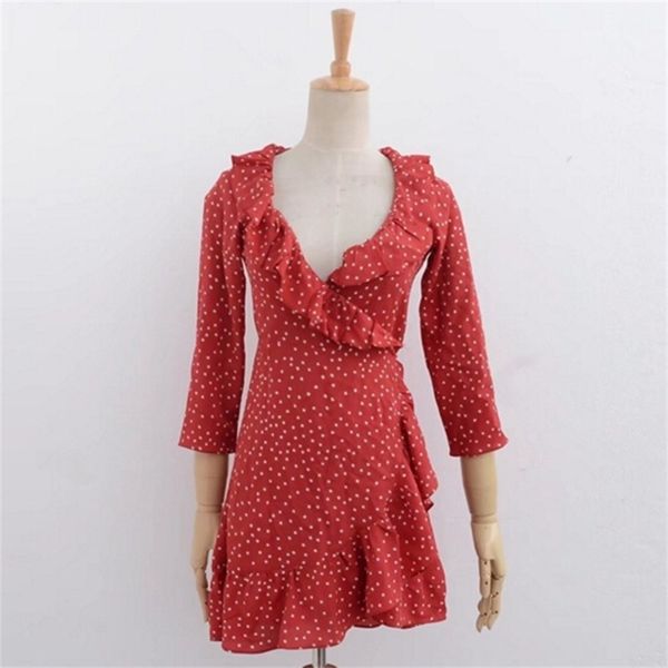 

holiday ruffles cross v neck star print wrap dress woman lacing up waist asymmetry short dress slim fit dresses red black 210429, Black;gray