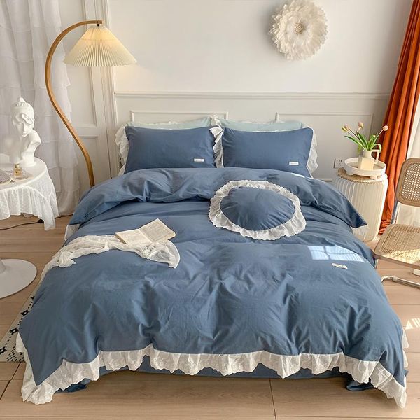 

bedding sets michiko solid color 100% cotton set cream macarone washed edge 4-piece