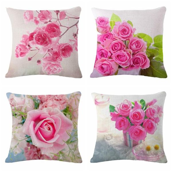 

cushion/decorative pillow pink rose flower printed cushions linen cotton cushion cover throw case for living room bed