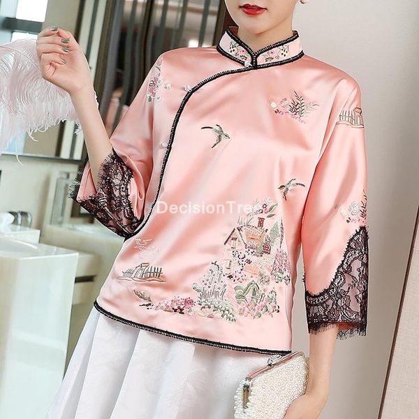 

stand collar vintage women cheongsam traditional chinese floral embroidery qipao lace sleeve shirts ethnic clothing, Red