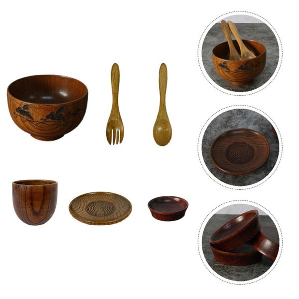 

6pcs japanese cutlery tableware set wooden rice bowl spoon fork dish cup bowls