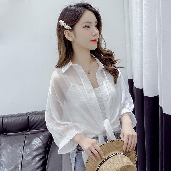 

women's blouses & shirts only plus lantern sleeve chiffon women 2021 summer buttoned up shirt long blouse tied waist elegant, White