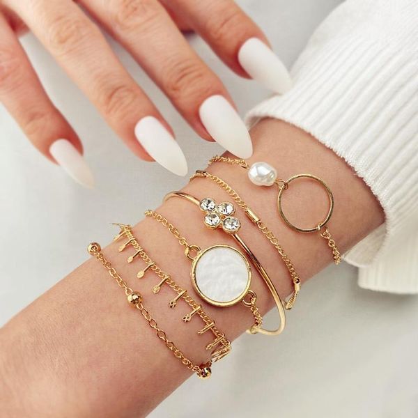 

link, chain 6 pcs/set bohemia gold gem crystal flower imitation pearl bracelets set fashion for women jewelry accessories, Black