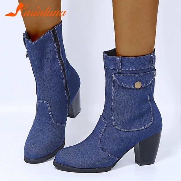 

boots karin 2021 arrival drops ship woman shoes denim chunky heels packet ankle booties zip up round toe big size 43, Black