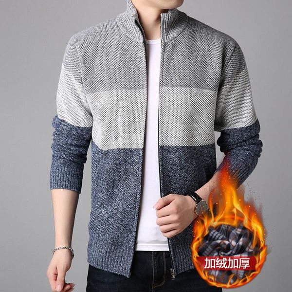 

men's sweaters 2021 sweater lapel color matching zipper casual coat brushed thickened, White;black