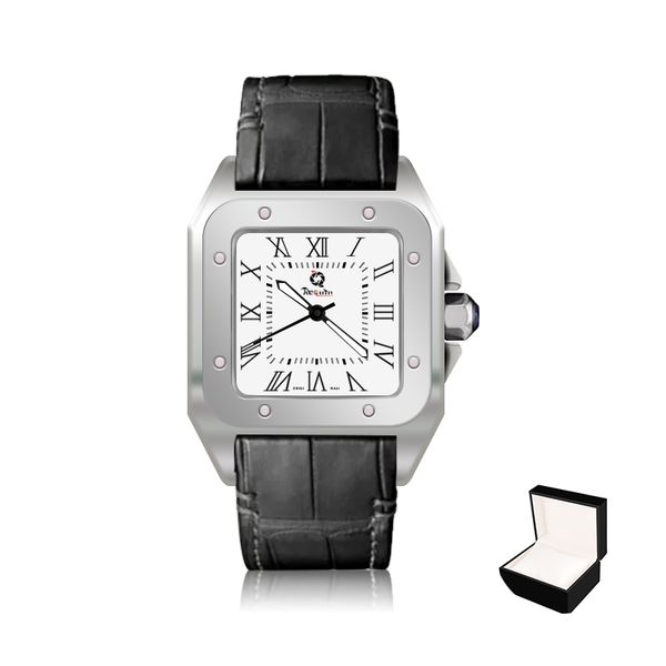 

men's automatic mechanical watch requin santo black stainless steel case leather strap w2sa three-hand calendar sapphire b white dial f, Slivery;brown