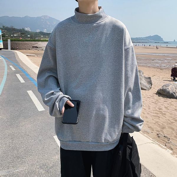 

men's hoodies & sweatshirts men solid pullovers mock neck spring and autumn wear fashion undershirt loose ulzzang ins korean trendy ove, Black