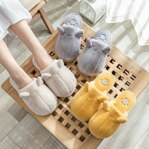 

slippers indoor fuzzy women fur cute cat ear cartoon bedroom warm plush couples shoes non-slip ladies fluffy, Black