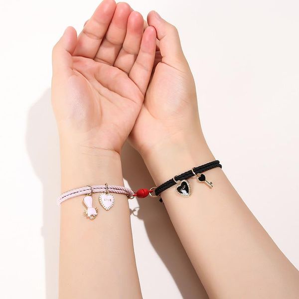 

beaded, strands 1 pair couple bracelets with cat love heart cartoon magnetic pendant cute mutually attractive friendship rope gifts for frie, Black