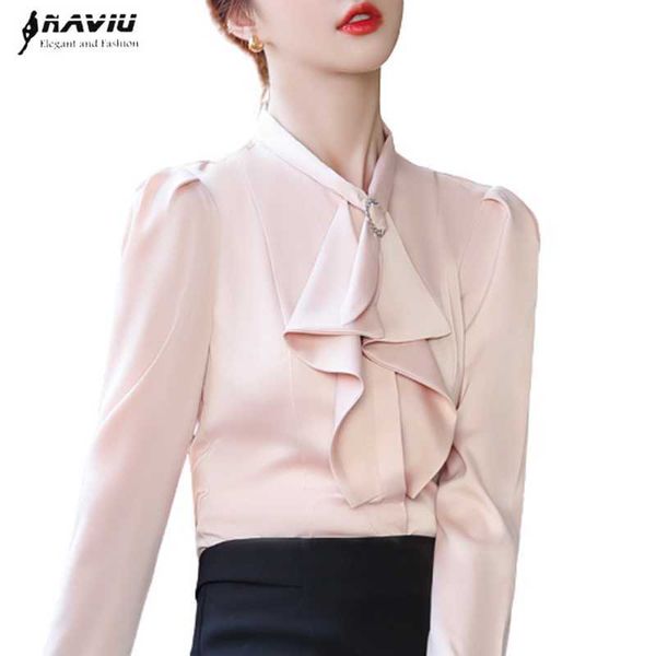 

pink chiffon shirt women autumn ruffles design long sleeve slim formal blouses office ladies fashion work 210604, White