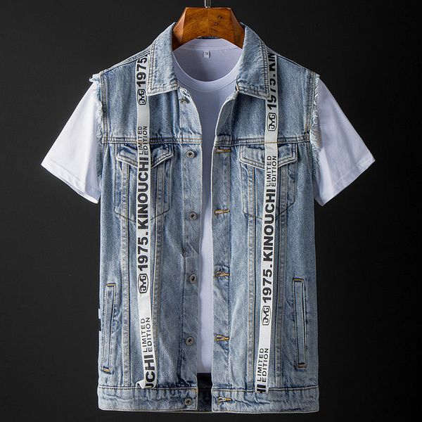 

Fashion Jacket Jeans Vest 2021 Spring Men's Youth Slim Fitting Wear Top Hole Sleeveless, Light blue