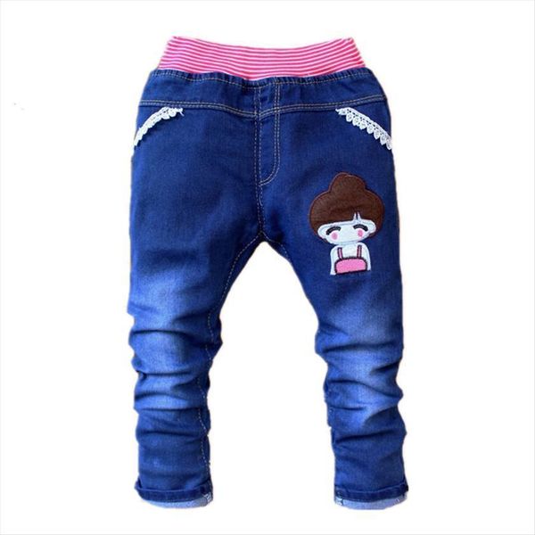 

clearance kids girls jeans cartoon girl bow trousers casual childrens clothing elastic waist pencil baby pants, Blue