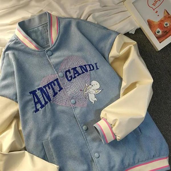 

women's jackets corduroy blue cute cartoon printing woman jacket button up oversized streetwear outerwear 2021 autumn fashion korean co, Black;brown