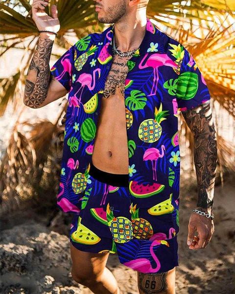 Wenyujh Гаваиская мужская печать набор с коротким рукавом летняя повседневная цветочная рубашка пляж двух частей костюм 2021 новая мода мужская набор S-XXL X0610