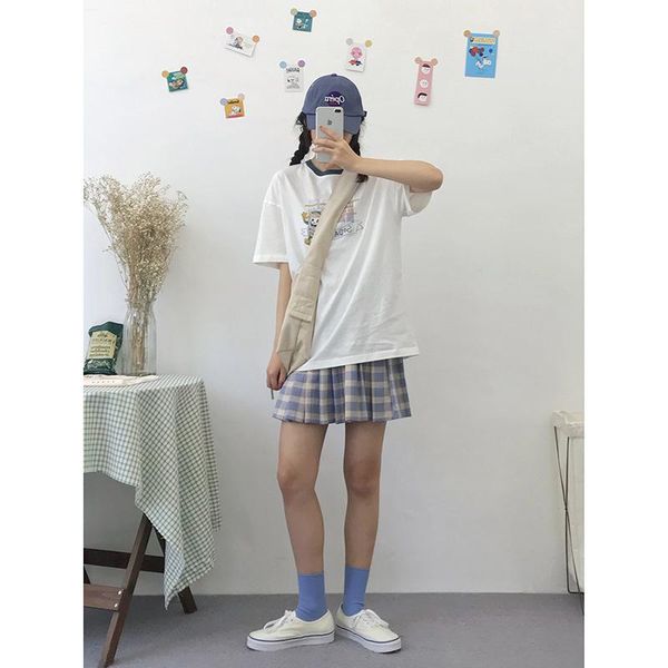 

summer t-shirt japanese hit color round neck fun print fresh and sweet short-sleeved loose thin women women's, White