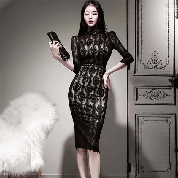 

women elegant lace dress black pencil spring fitted korea sheath club party vestidos 210519, Black;gray