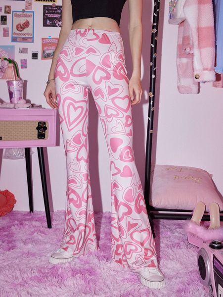 

romwe heart print flare leg pants t27x#, Black;white