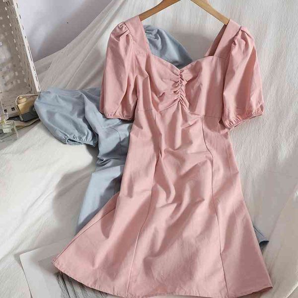 

casual dresses folded square neck puff sleeve temperament mini vintage dress pure color bag hip short summer a-line dress female v, Black;gray
