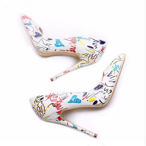 

dress shoes graffiti heels woman high heel pumps shallow pointed high-heeled size 42 european fashion, Black