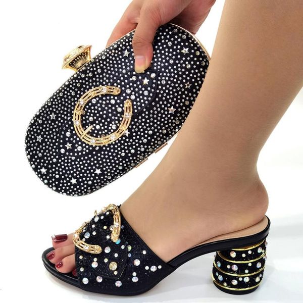 

dress shoes black color matching and bag set decorated with rhinestone african shoe for party in women nigerian