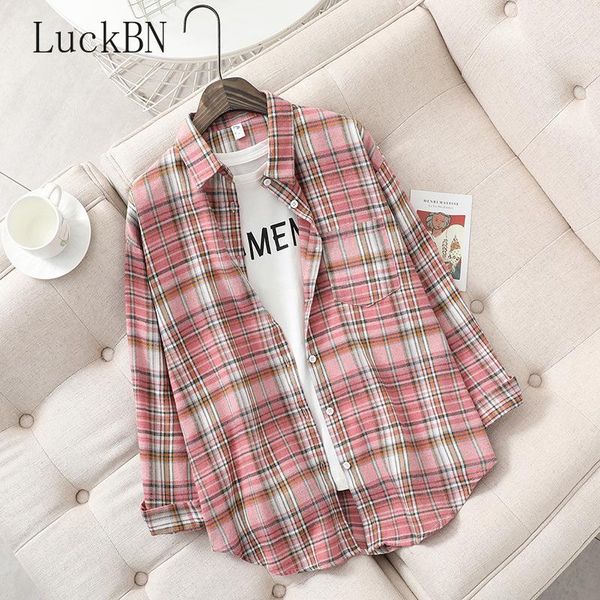 

women's blouses & shirts spring autumn plaid womens clothing and long sleeve loose checked female clothes outwear button up shirt, White