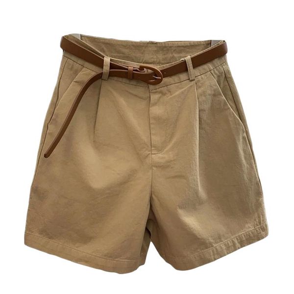 

women's shorts coigarsam 100% cotton casual women 2021 summer high waist female belt vintage loose white khaki black 1322, White;black