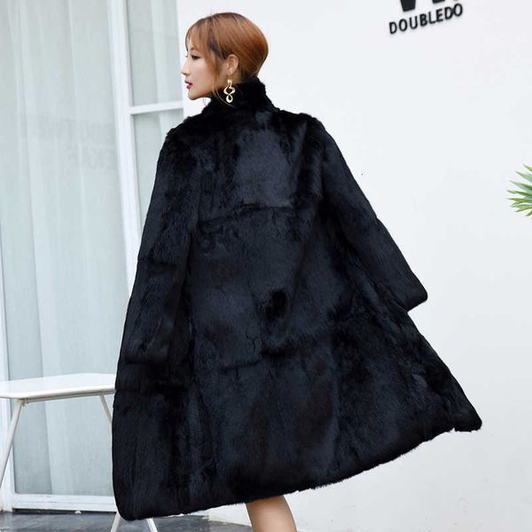 

real genuine natural full pelt whole skin rabbit fur coat women fashion stand collar 100cm length jacket ladies overcoat outwear t191118, Black