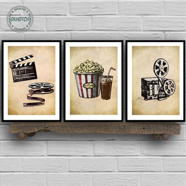 

paintings movie theater vintage art canvas painting wall picture popcorn film clapper poster retro home decoration for cinema living room