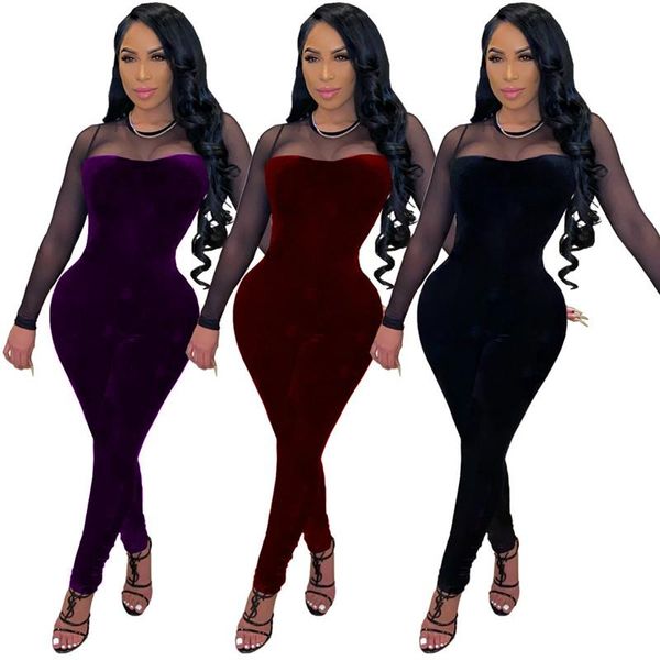 

one piece outfit women mesh long sleeve splicing jumpsuit fashion back zip velvet stretch bodysuit wholesale drop women's jumpsuits & r, Black;white