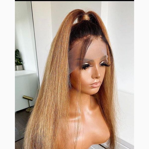 

blonde glueless ombre straight lace front human hair wigs with baby 13x6 frontal wig for black women natural hairline, Black;brown