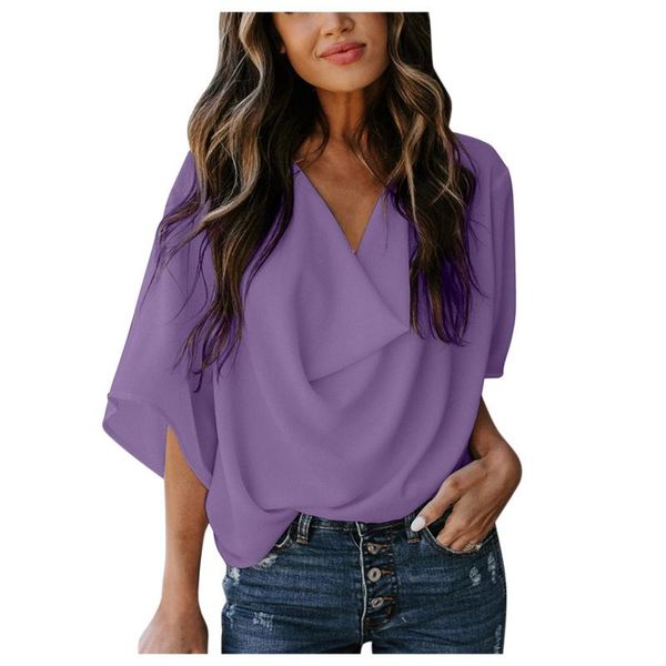 

women's blouses & shirts fashion short-sleeve t-shirt 2022 summer casual pleated drape solid color v-neck bat sleeve all-match loose to, White